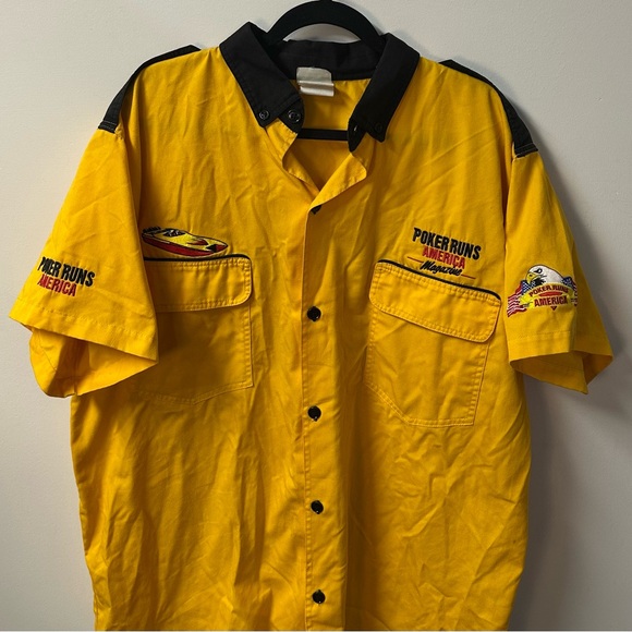 Y2K POKER RUNS AMERICA men's yellow black embroidered button down shirt, XL. - Picture 3 of 8